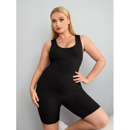 Black Casual Women s Plus Size Rib knit Scoop Neck Unitard 2XL(16) Y22005D | Walmart (US)