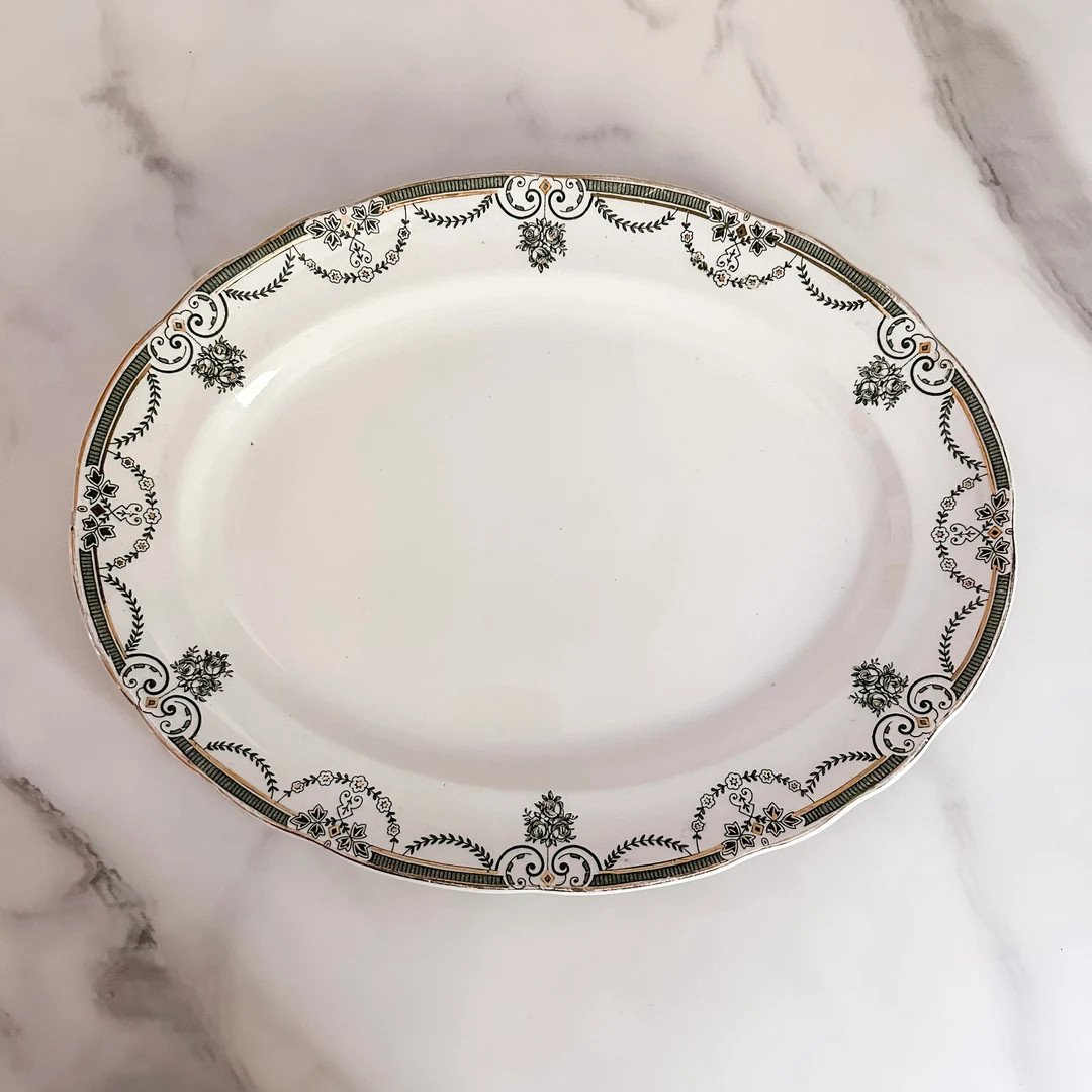 Antique Keeling & Co Evesham Pattern Oval Serving Platter Green and Gold, Antique Transferware Pl... | Etsy (US)