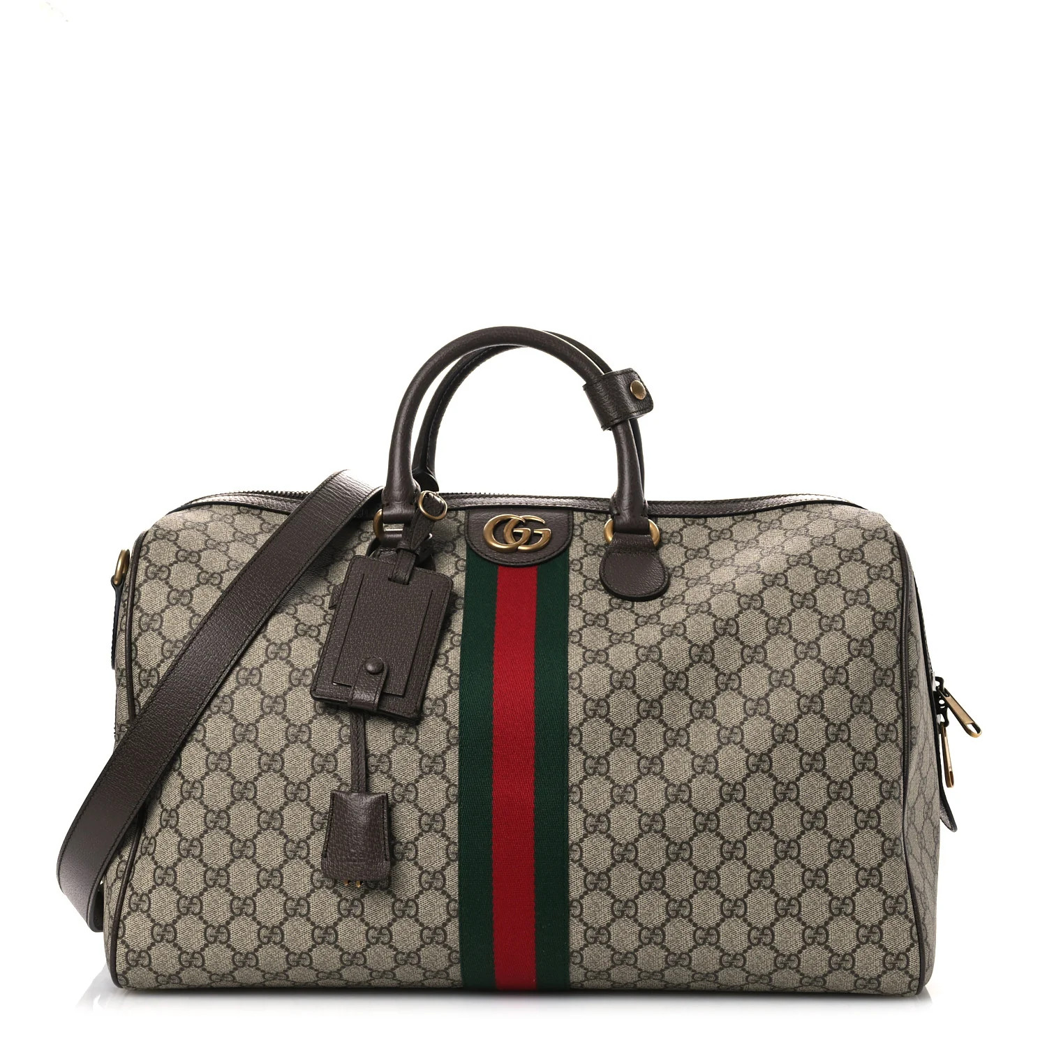 GG Supreme Monogram Textured Dollar Calfskin Web Medium Savoy Duffle Bag Beige Dark Brown | FASHIONPHILE (US)