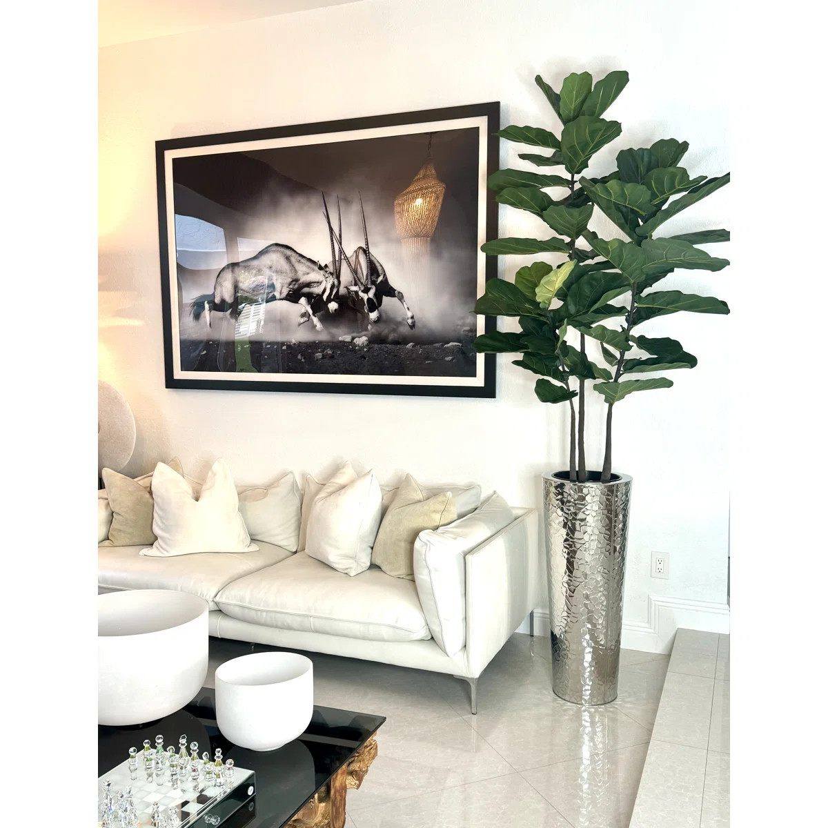 Fiddle 96'' Faux Fiddle Leaf Fig Tree in Metal Planter | Wayfair North America
