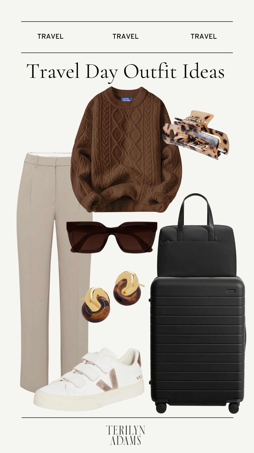 Travel Outfit Ideas
Cable net sweater
Straight leg trousers
Carry-on bag and suitcase duo 
Velcro sneakers 
Claw clip

#LTKTravel #LTKootd