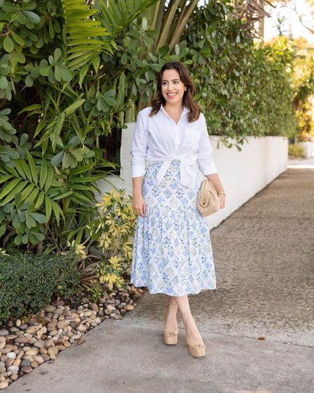 Elevate your wardrobe with this floral midi skirt styled with white button down shirt and platform heels!
#outfitinspo #summerstyle #fashionfinds #petitefashion

#LTKFind #LTKstyletip #LTKSeasonal