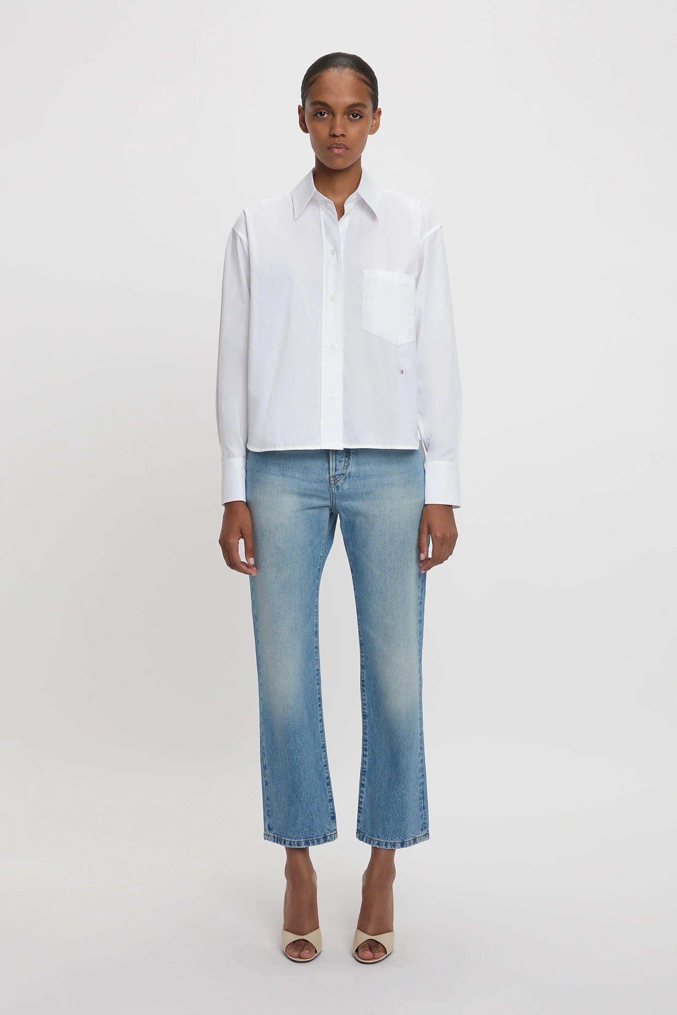 Cropped Long Sleeve Shirt In White | Victoria Beckham US