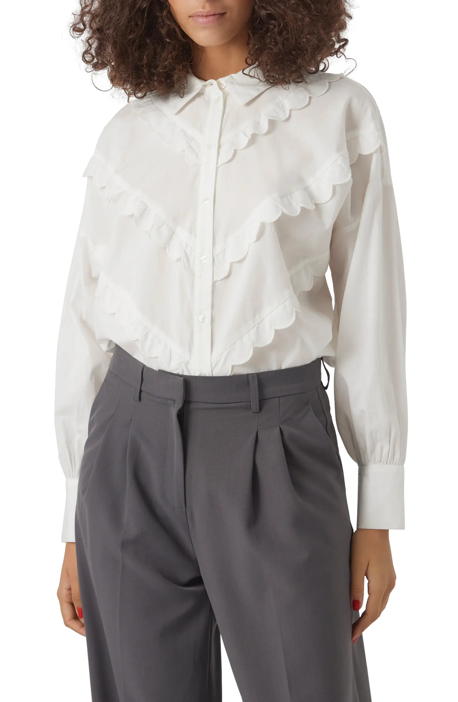 Beate Ruffle Accent Cotton Button-Up Shirt | Nordstrom