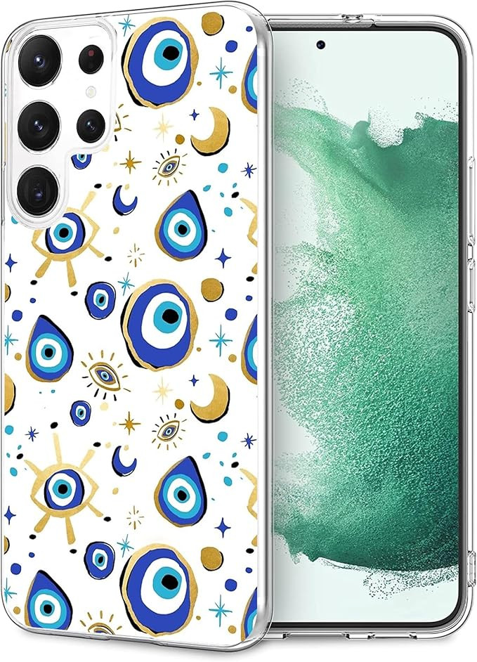 Compatible with Samsung Galaxy S22 Ultra Case - Fantasy Blue Gold Evil Eye Design Shockproof Soft... | Amazon (US)