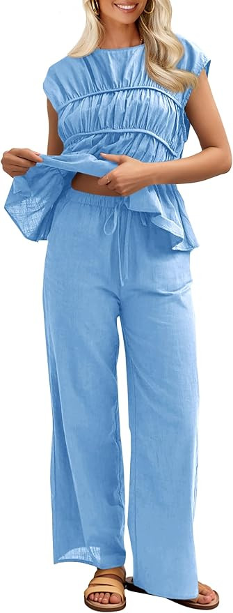 Tankaneo Womens 2 Piece Sets Summer Linen Babydoll Peplum Pleated Tank Top Pants Set Cotton Trave... | Amazon (US)