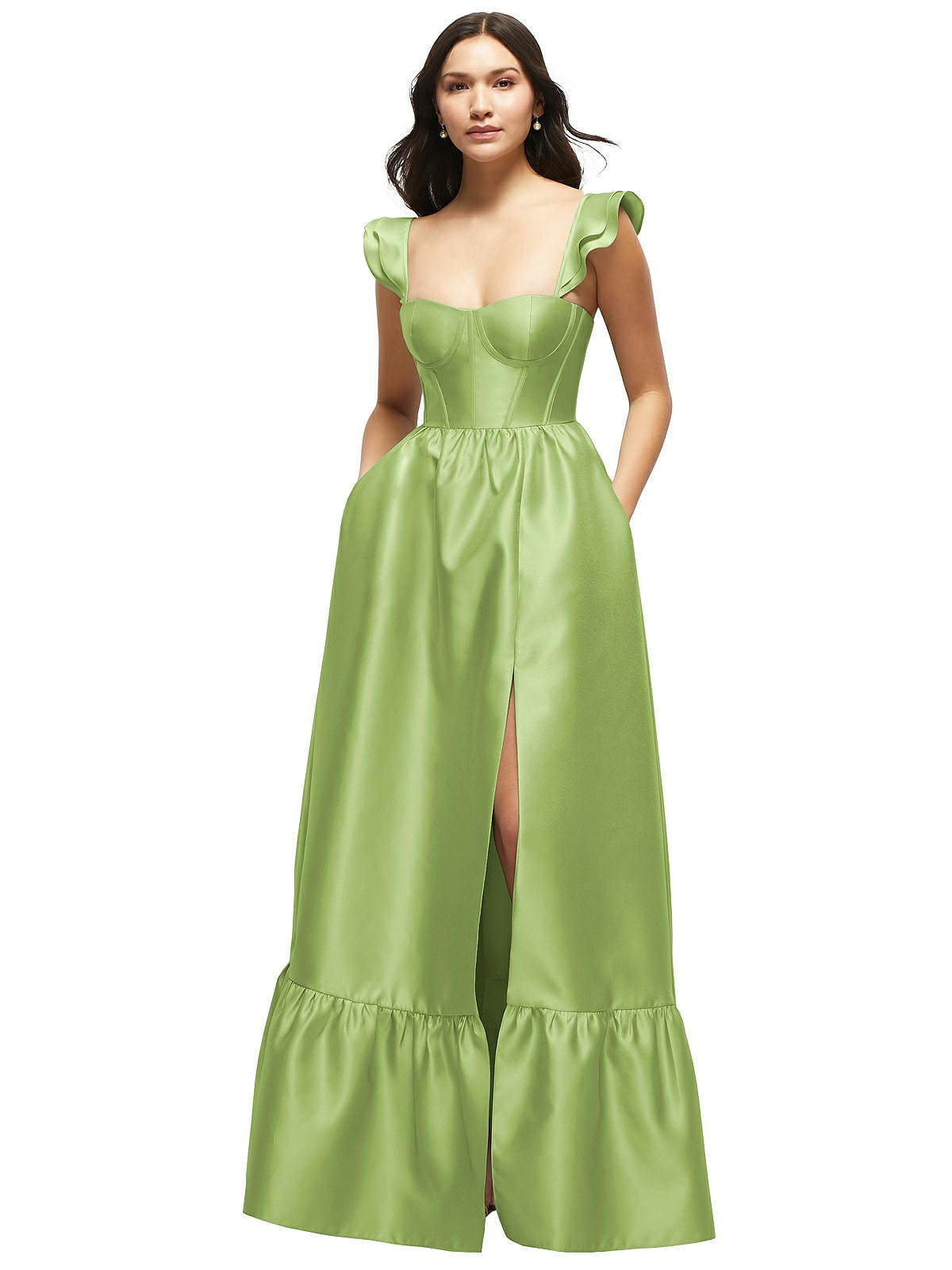 Satin Corset Maxi Dress with Ruffle Straps & Skirt in Mojito | The Dessy Group