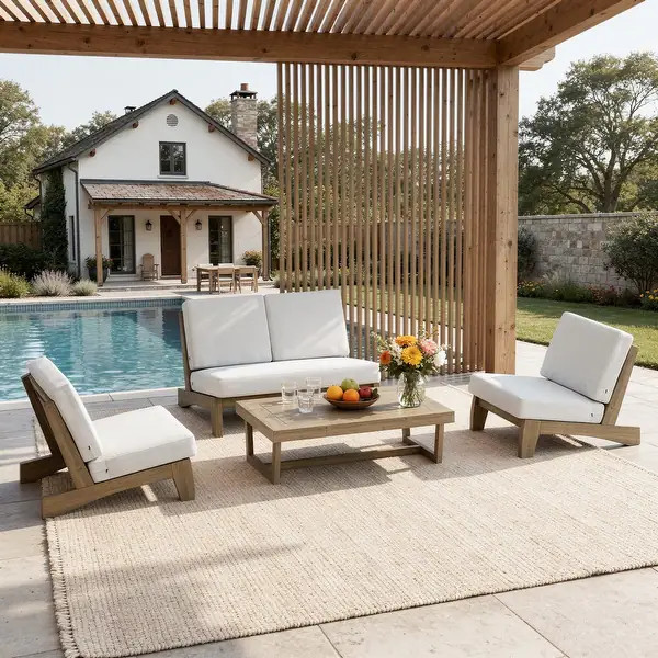 Patio 4 Pieces Teak Wood Conversation Set With Coffee Table - Beige/Brown - Separate Cushion | Bed Bath & Beyond