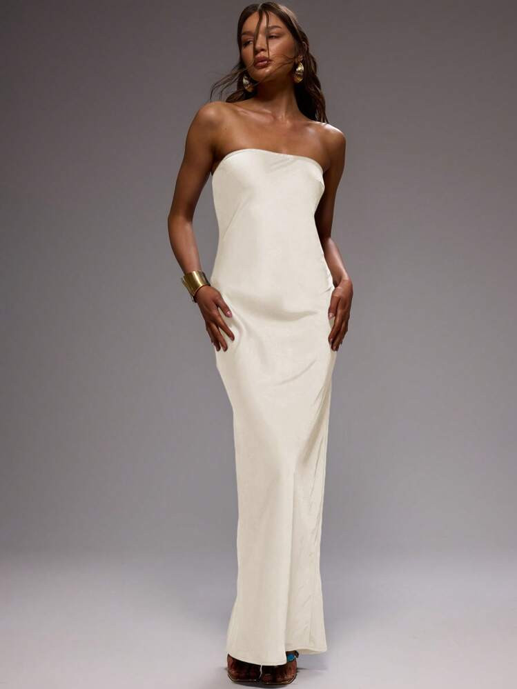 MUSERA Strapless Straight Fit Bandeau Satin Maxi Dress Spring Summer Vacation Elegant Wedding Guest Graduation Formal Holiday Beach Fall Night Out Wedding Guest, Elegant Christmas, Halloween, Fall, Winter | SHEIN