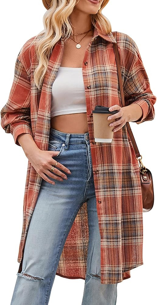 Bozanly Oversized Mid Long Plaid Flannel Shirts for Women Lapel Long Sleeve Check Blouse with Poc... | Amazon (US)
