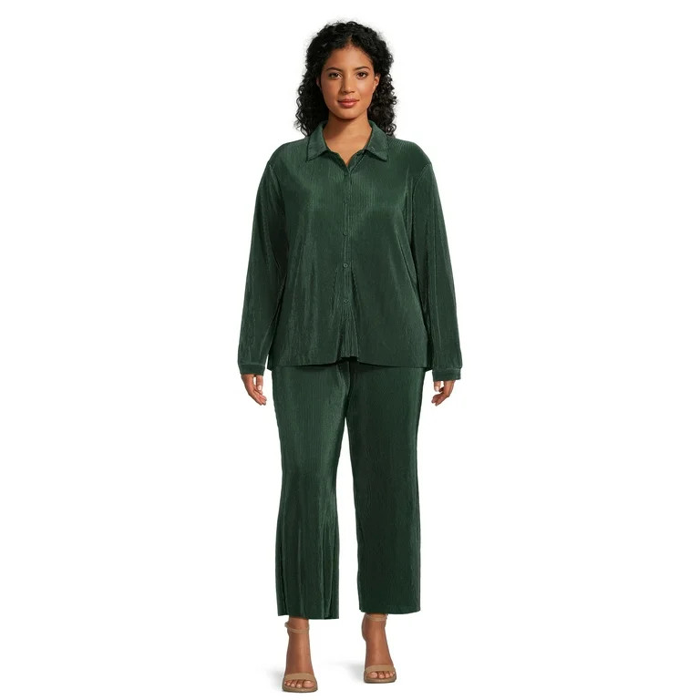 Nine.Eight Women's Plus Size Crinkle Cut Shirt & Pull On Pant Set | Walmart (US)
