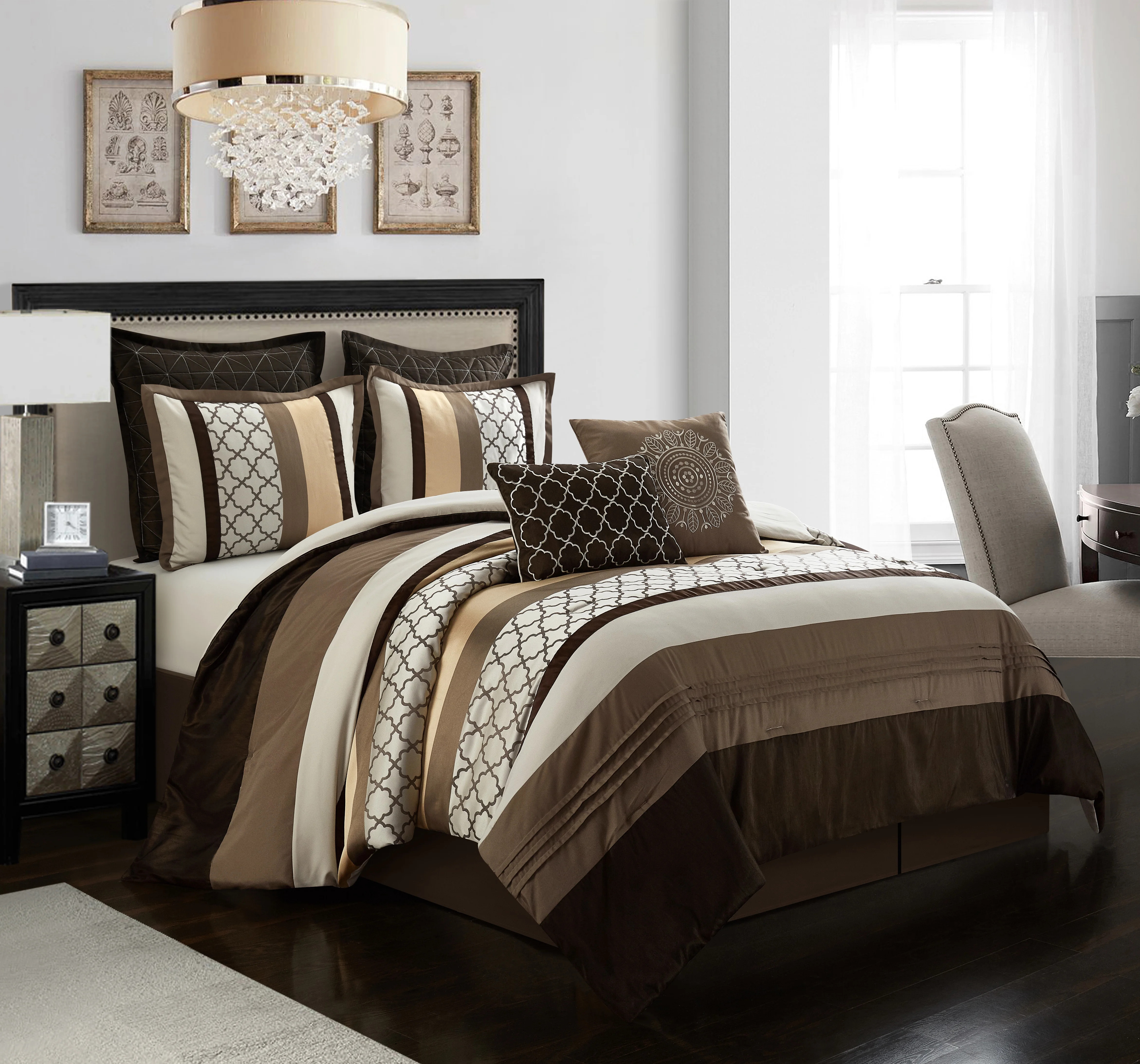 Lanco Moroccan Brown/Gold 8-Piece Comforter Set, Grey, Queen, Striped/Geometric Patchwork - Walma... | Walmart (US)