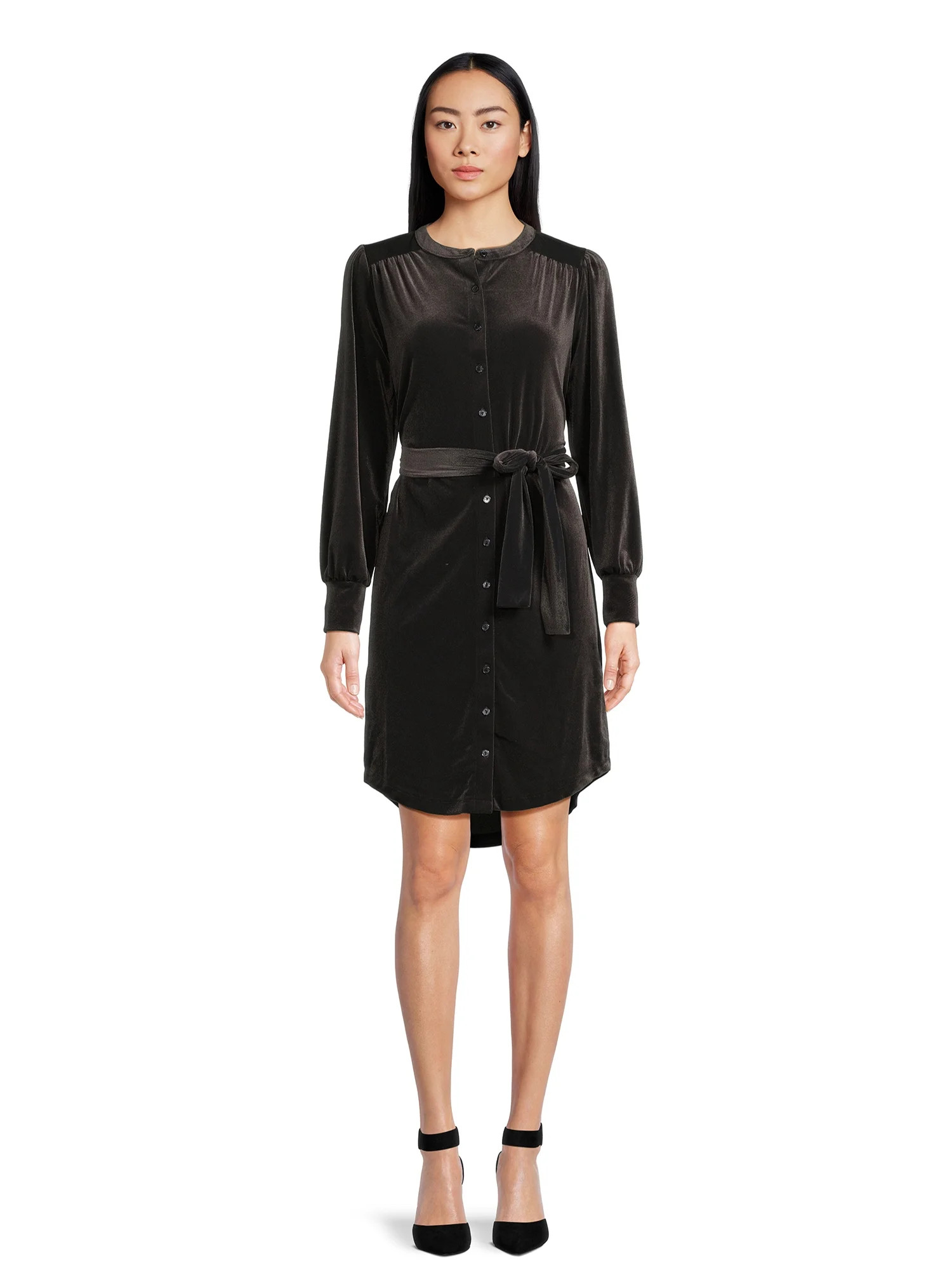 Time and Tru Women's Belted Velvet Dress with Long Sleeves | Walmart (US)