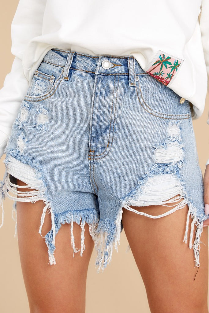 Absolutely Certain Light Wash Distressed Denim Shorts | Red Dress 