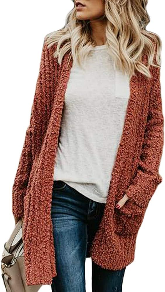 Womens Long Sleeve Popcorn Knit Open Front Long Cardigan Sweaters Coats with Pockets | Amazon (US)