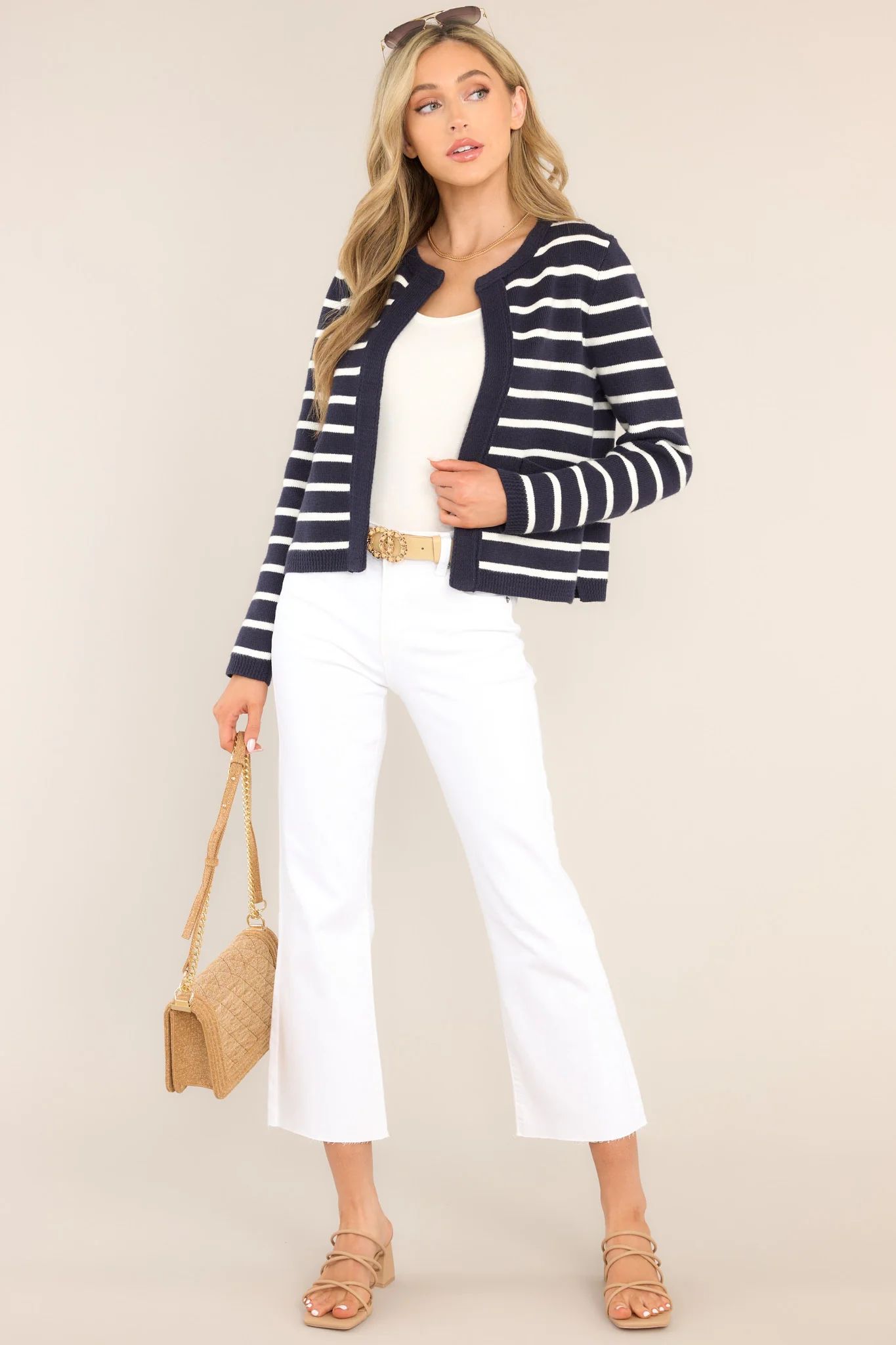 Retail Therapy Navy & White Striped Cardigan | Red Dress