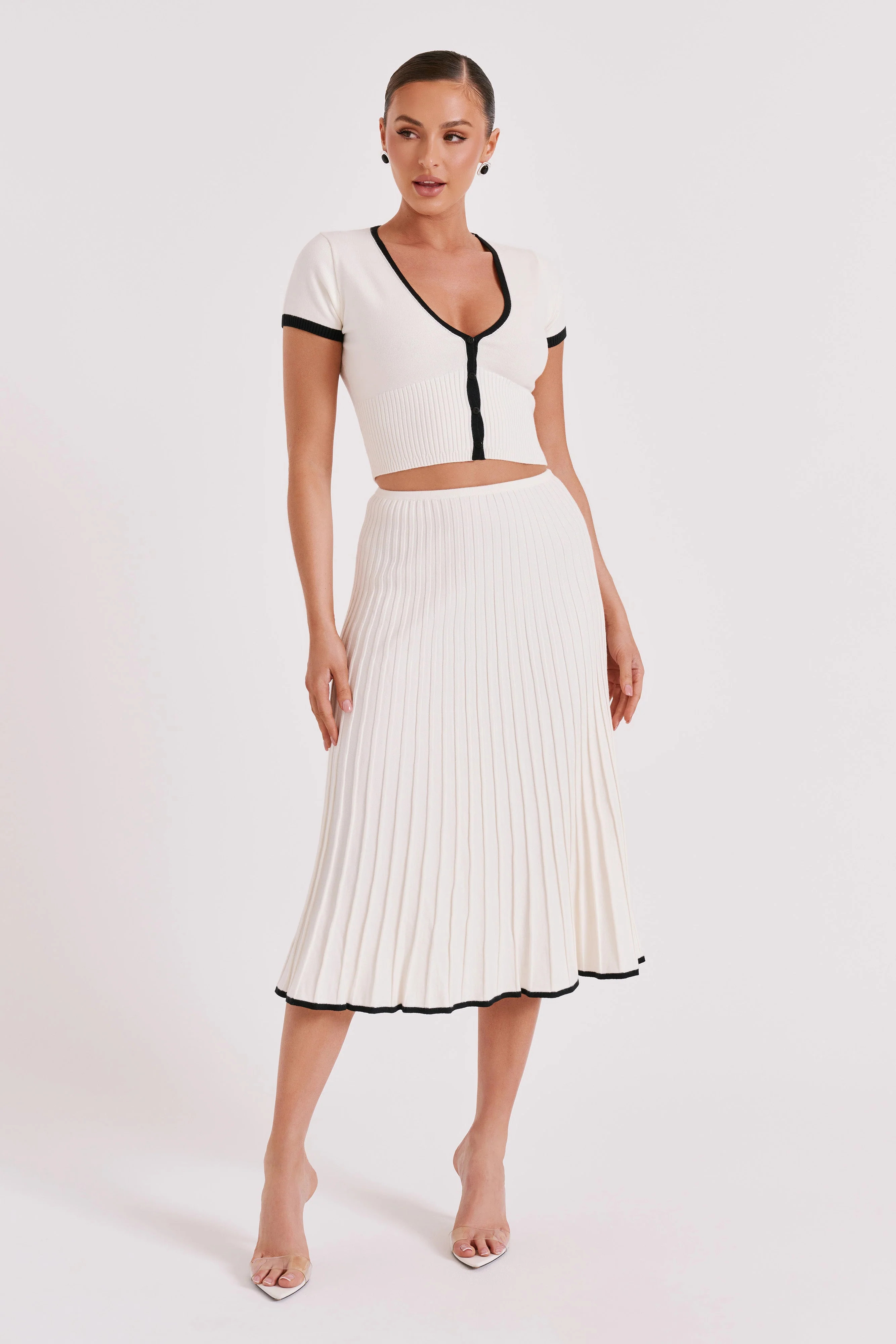 Jolene Contrast Rib Knit Midi Skirt - White | MESHKI US
