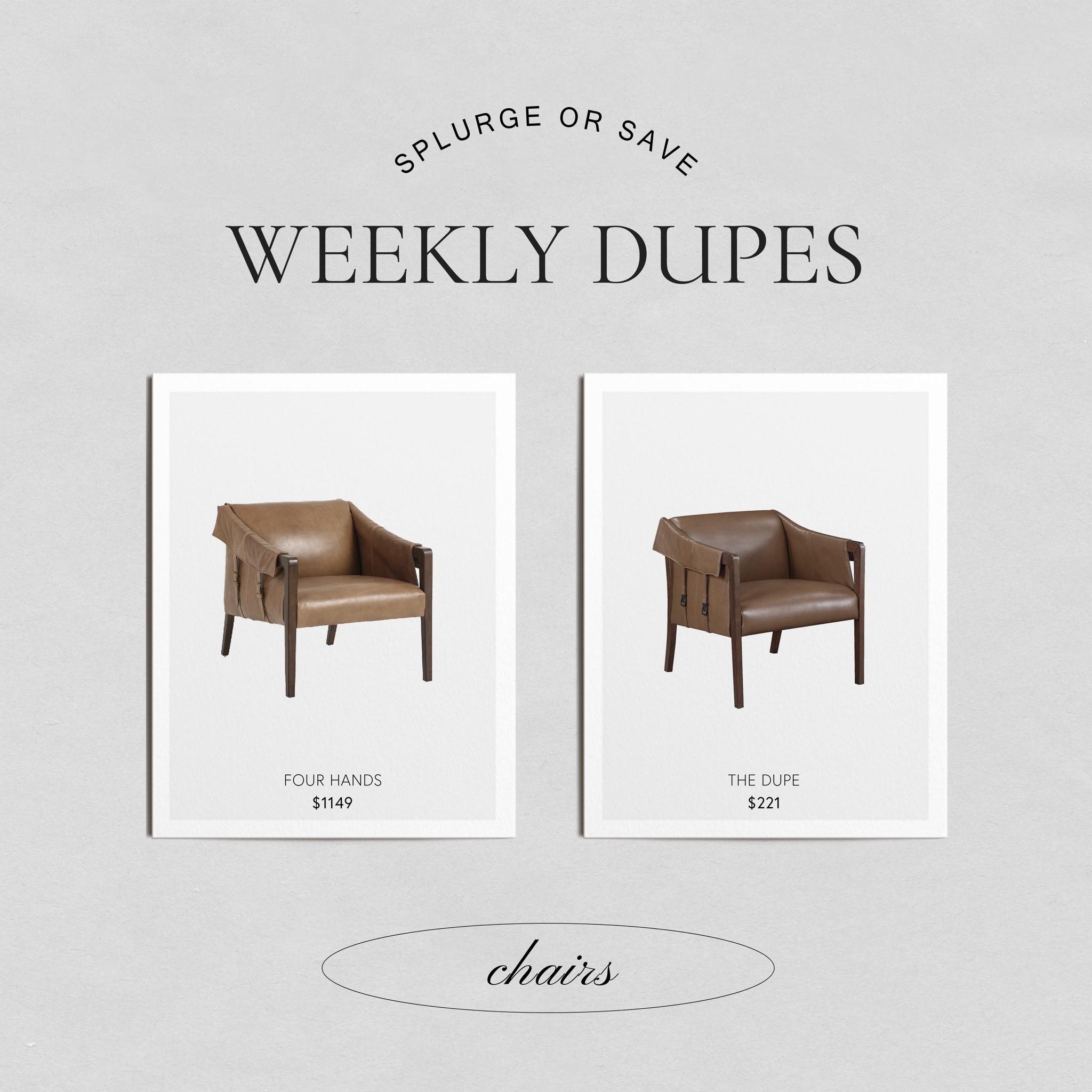 Square leather accent, side chair with straps and buckles with wooden frame. High end, designer furniture dupe.