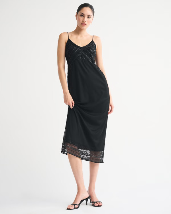 Tie-Back Beaded Slip Midi Dress | Abercrombie & Fitch (US)