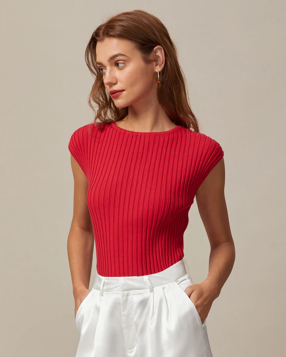 The Red Boat Neck Ribbed Cap Sleeve Knit Tee | rihoas.com