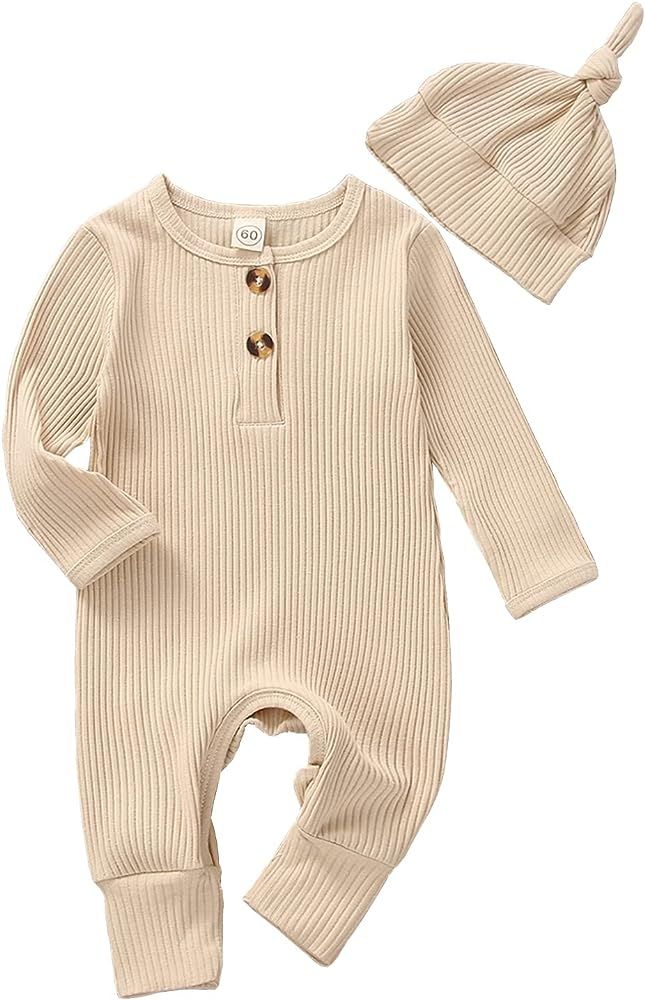 Infant Boys Girls Clothes Set Newborn Baby Romper Hat Ribbed Knit Long Sleeve Button Solid Bodysuit  | Amazon (US)