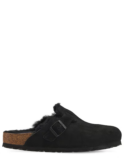 Birkenstock - Boston shearling & suede loafers - Black | Luisaviaroma | Luisaviaroma