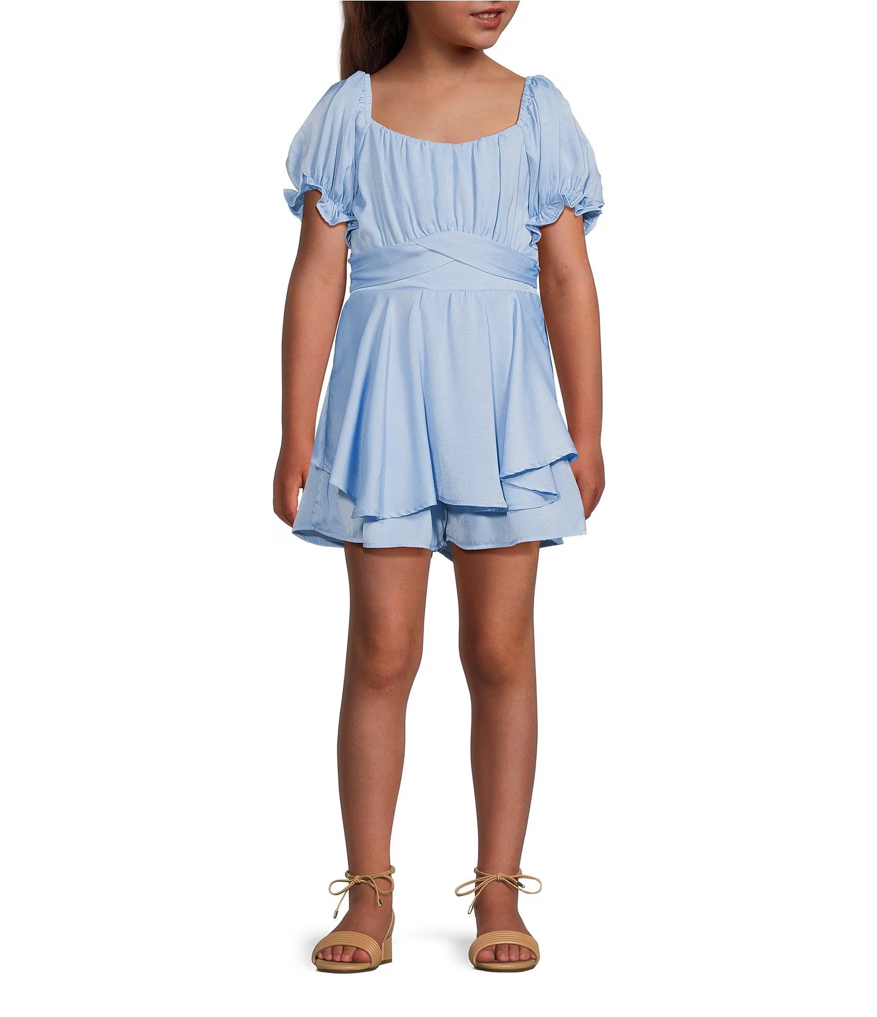 Big Girls 7-16 Puffed-Sleeve Emma Dull-Satin Romper | Dillard's