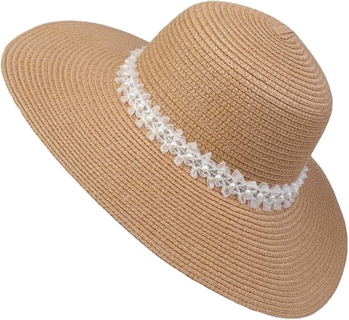 Straw Sun Hat Women, Womens Beach Sun Straw Hat UPF50 Travel Floppy Sun Hat with Wide Brim Fashio... | Amazon (US)