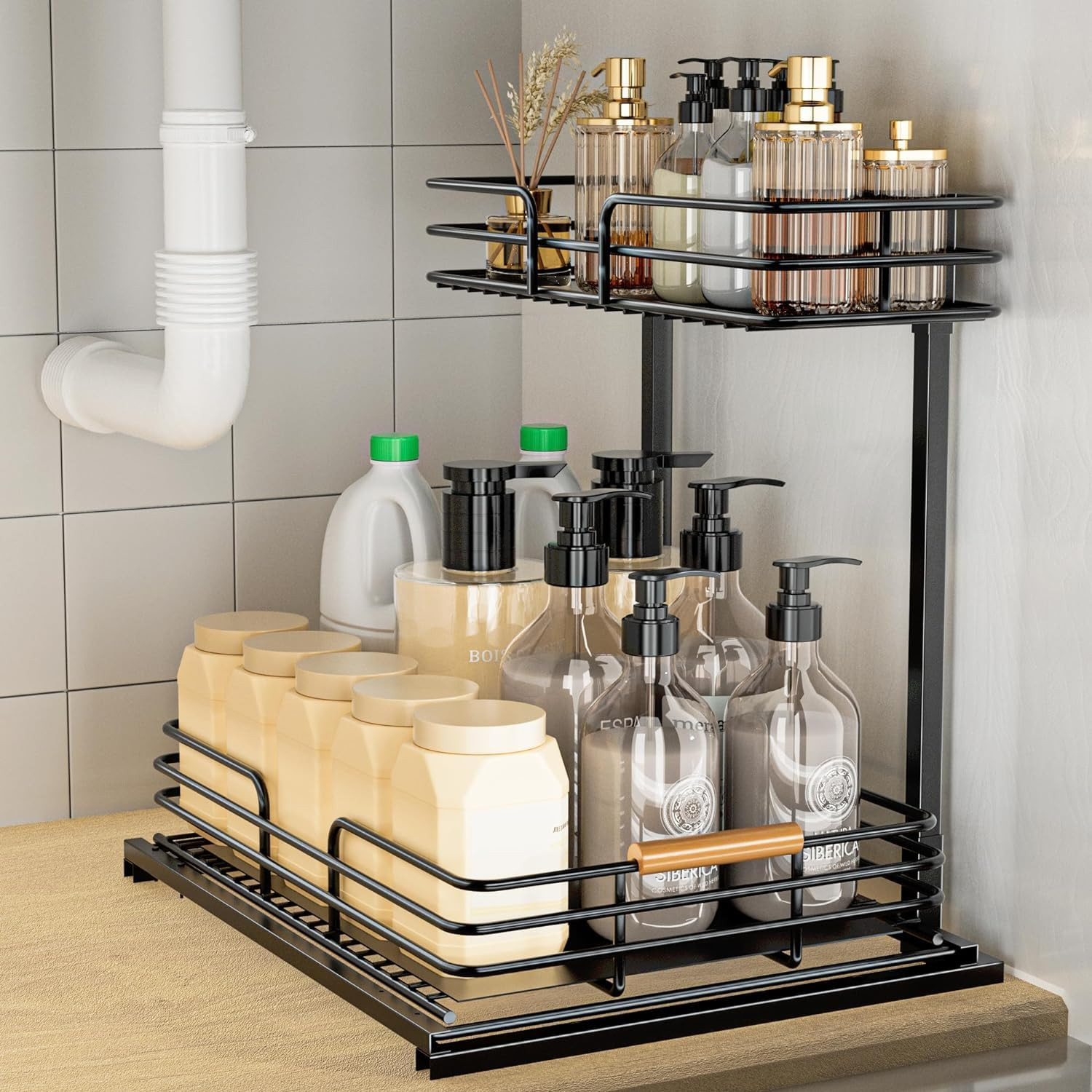LAMU Under Sink Organizers and Storage, 2 Tier Bathroom Kitchen Cabinet Organizers, Pull Out Unde... | Amazon (US)