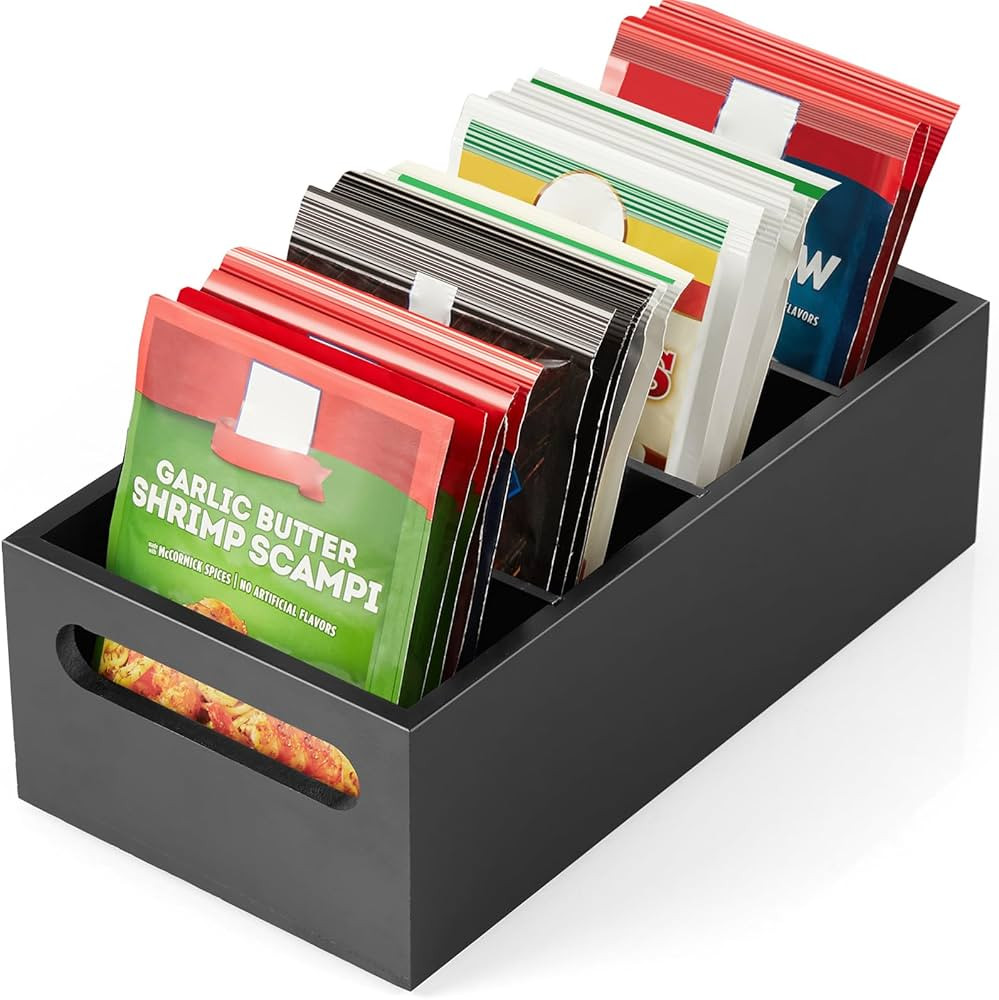 DRASTAR Pantry Organization and Storage Bins, Seasoning Packet Organizer with Removable Dividers,Wooden Storage Caddy for Kitchen, Pantry, Cabinet, Countertop, Black | Amazon (US)