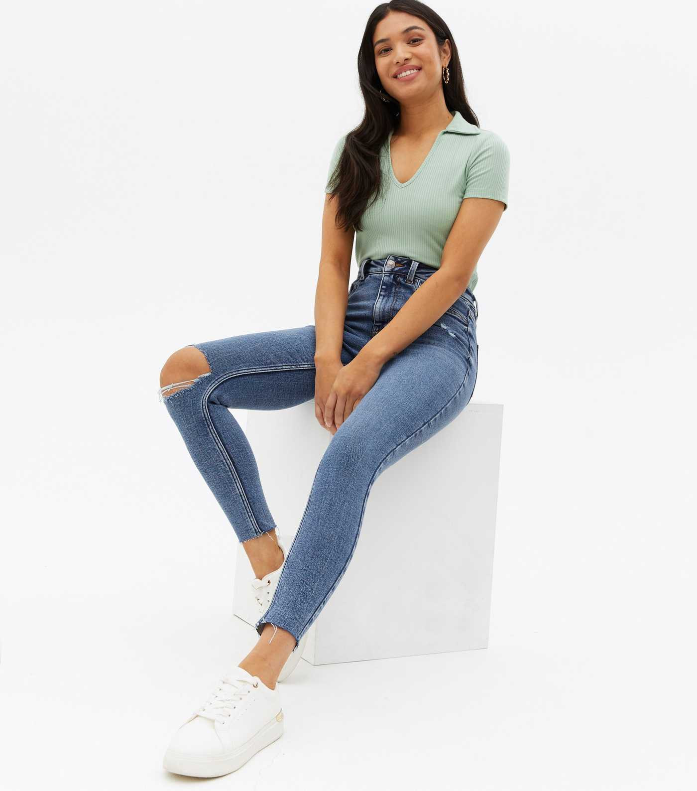 Petite Blue Ripped High Waist Hallie Super Skinny Jeans
						
						Add to Saved Items
						Rem... | New Look (UK)