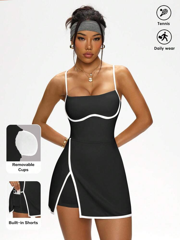 CourtClass Women's Contrast Piping Detachable Pads Cami Activewear Dress | SHEIN