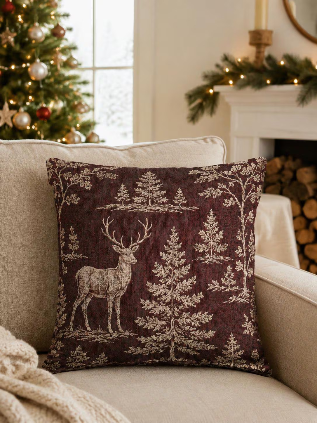 Deer and Pine Trees Woven Pillow |Rustic Cabin Holiday Décor| Burgundy Christamas pillow|Animal pillow| Deer & pine Christmas woven pillow | Etsy (Global)