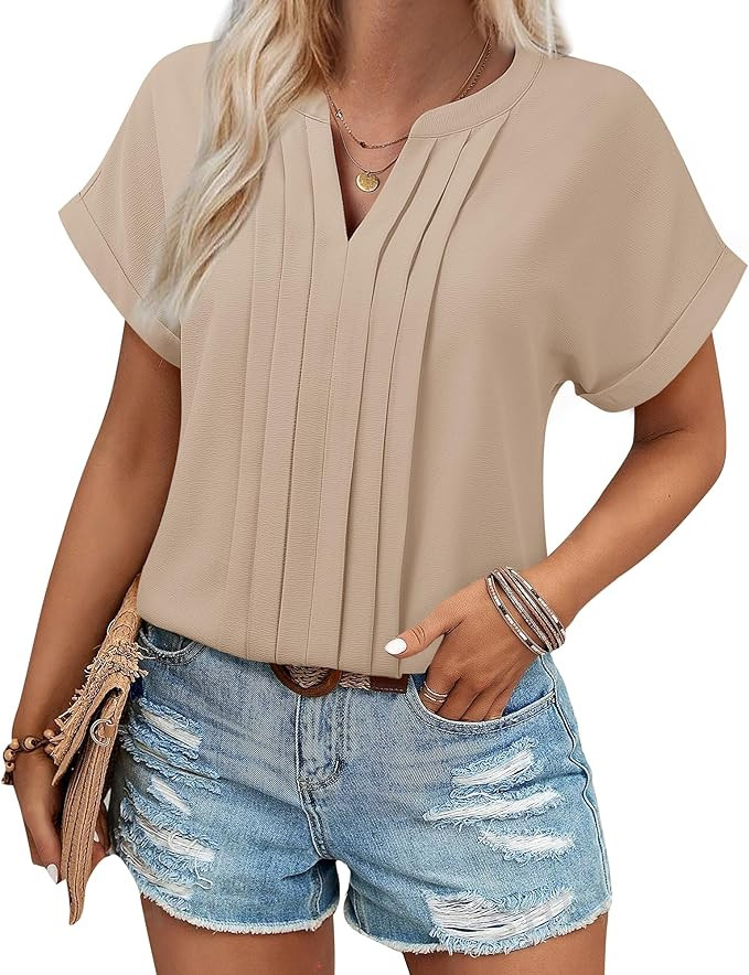 Gaharu Women's Summer Pleated Work Top Short Sleeve Business Casual Blouse Basic Dressy Shirt | Amazon (US)