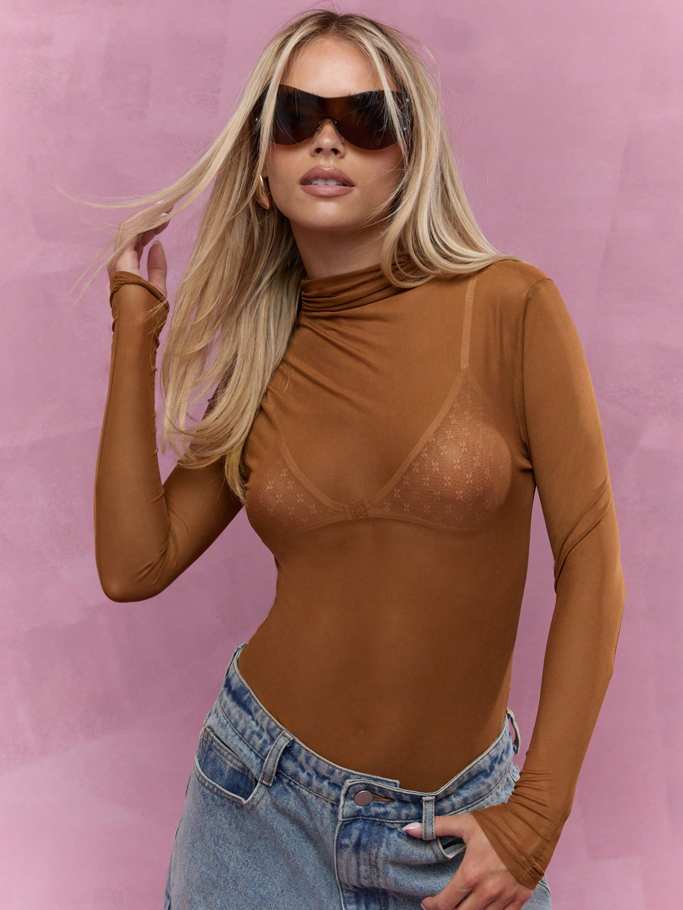 MISSGUIDED Sheer Mesh Polo Neck Long Sleeve Bodysuit | SHEIN USA | SHEIN