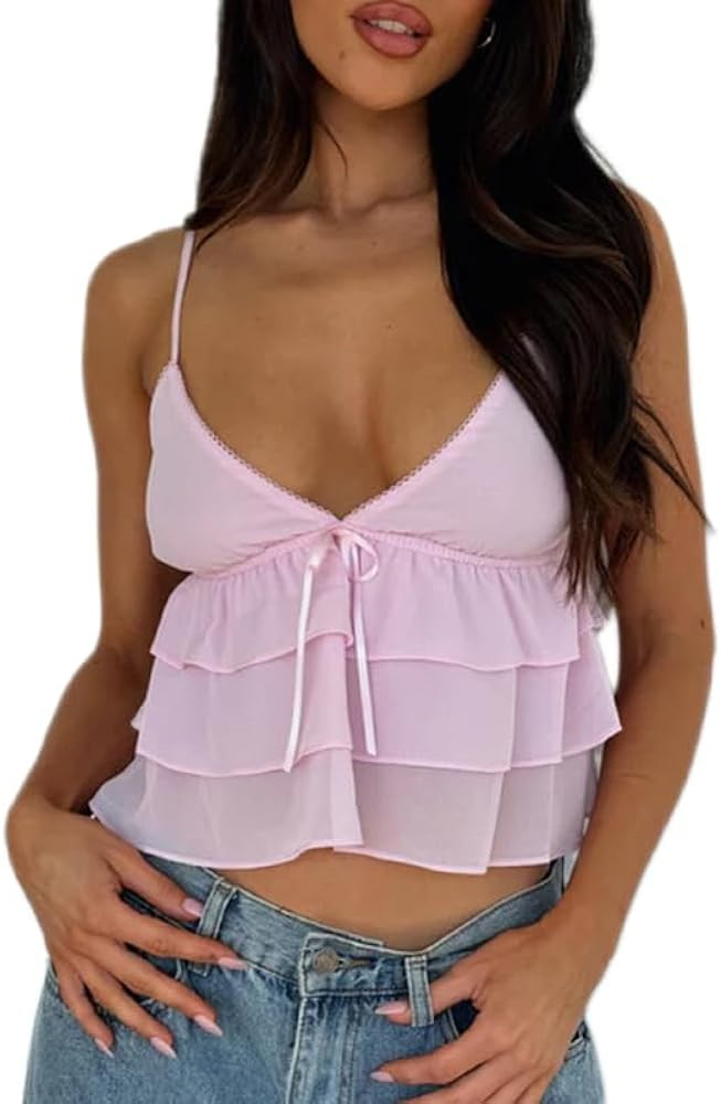 Women Sexy Y2k Frill Trim Camisole Lace V Neck Crop Top Ruffle Babydoll Cami Tank Top | Amazon (US)