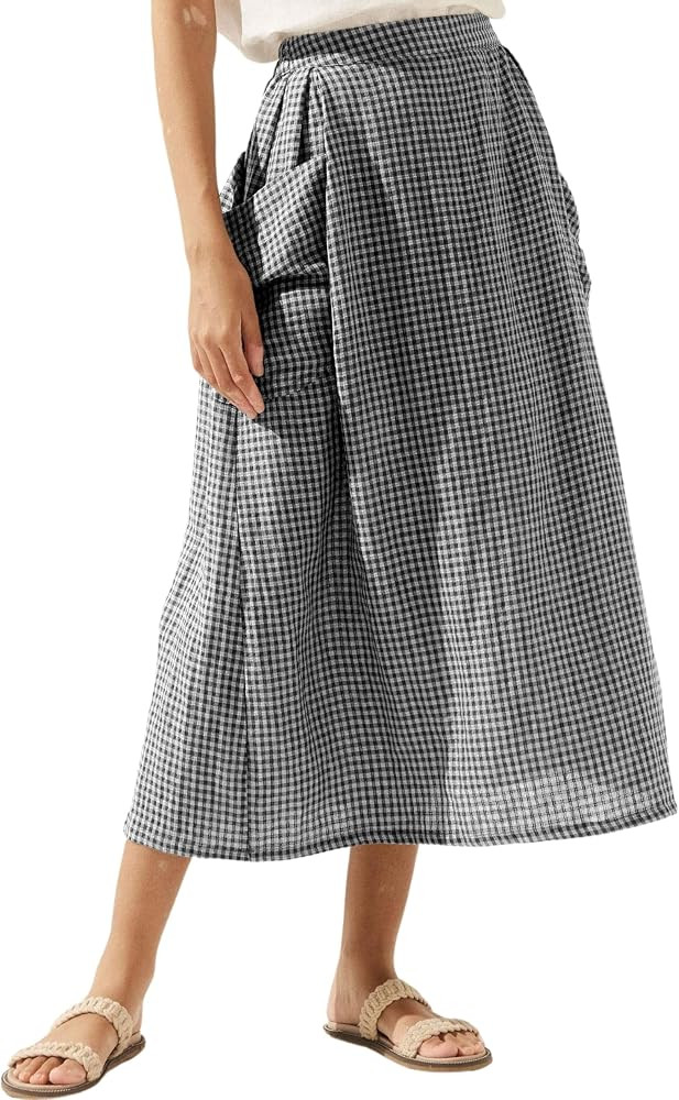 QIBABU Womens Plaid Midi Skirt Flowy Elastic High Waist Long Skirts with Pockets | Amazon (US)