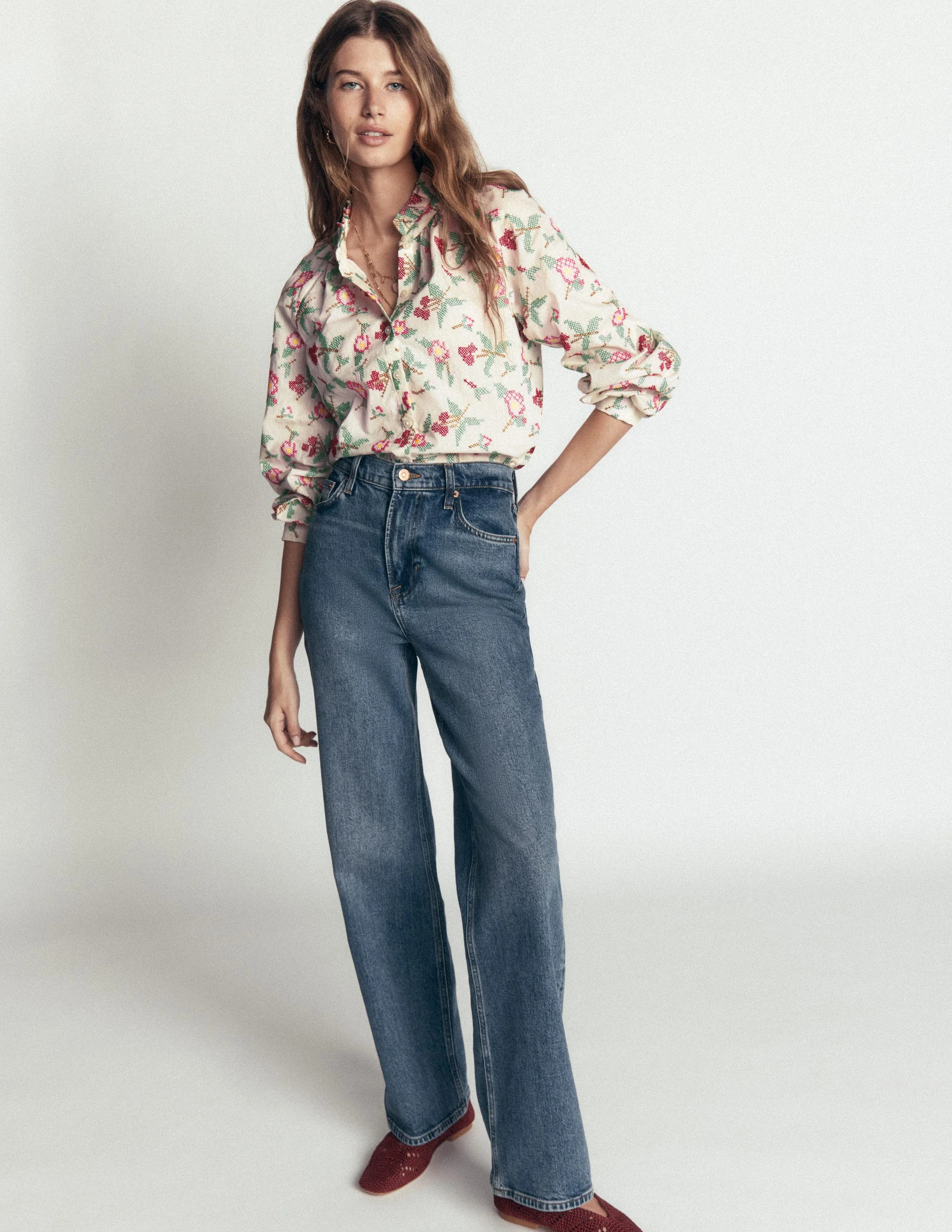 Erica Cotton Frill Top-Soft Pink, Embroidered Floral | Boden (US)