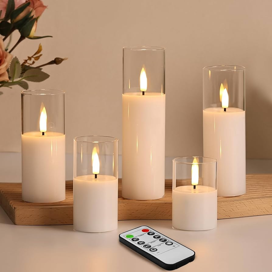 Clear Glass Fake Pillar Candles with Remote Batteries Set of 5 | Amazon (US)