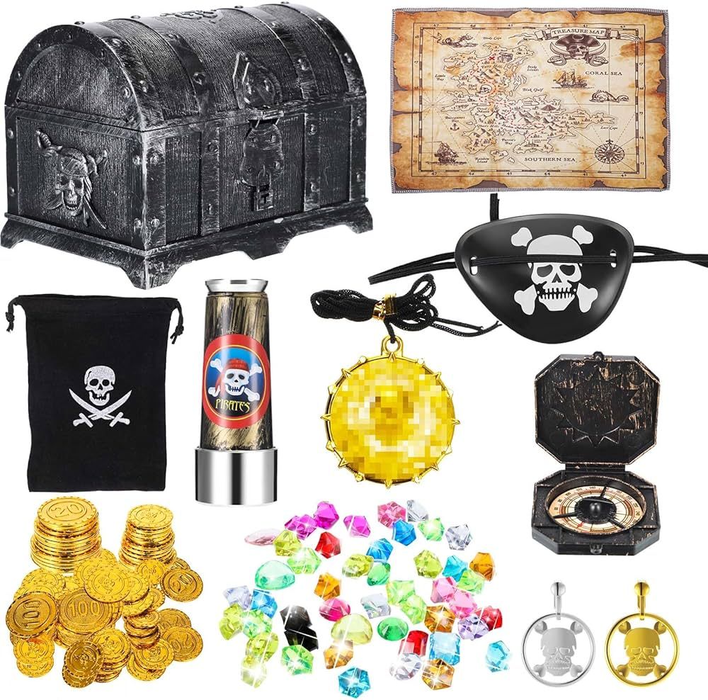 73 Pieces Pirate Treasure Box Toy Set Vintage Pirate Pretend Toys Include Treasure Chest Pirate E... | Amazon (US)