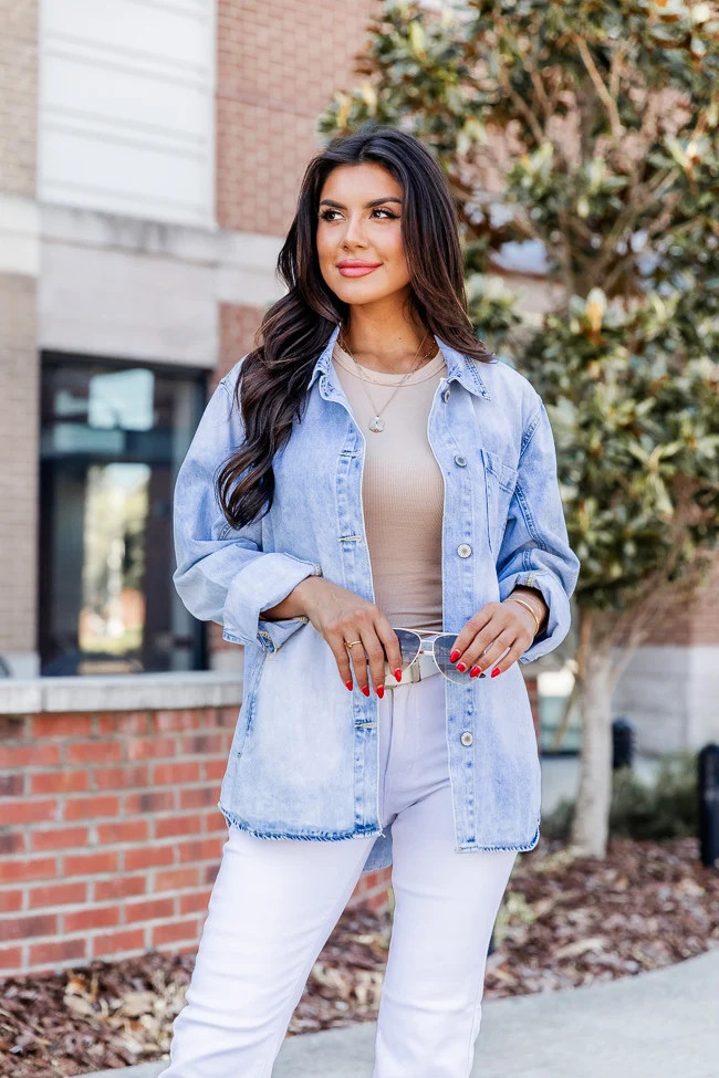 Need A Conversation Light Blue Acid Wash Denim Shacket | Pink Lily