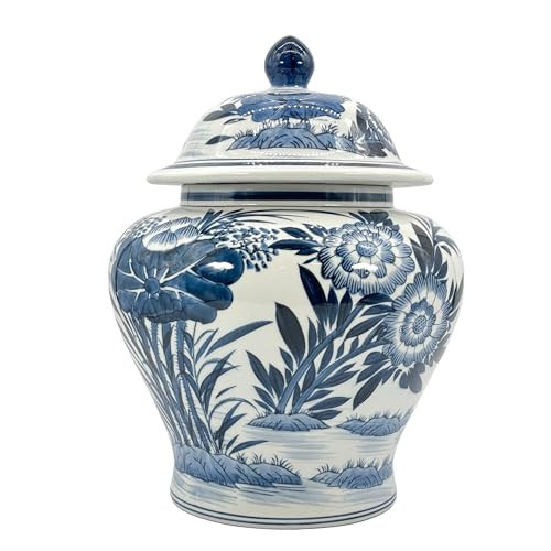Galt International Blue & White Floral Ceramic Porcelain Chinoiserie Ginger Jar w/Lid Classic Temple Jar Home & Kitchen Decor for Interior Design 15.5" | Amazon (US)