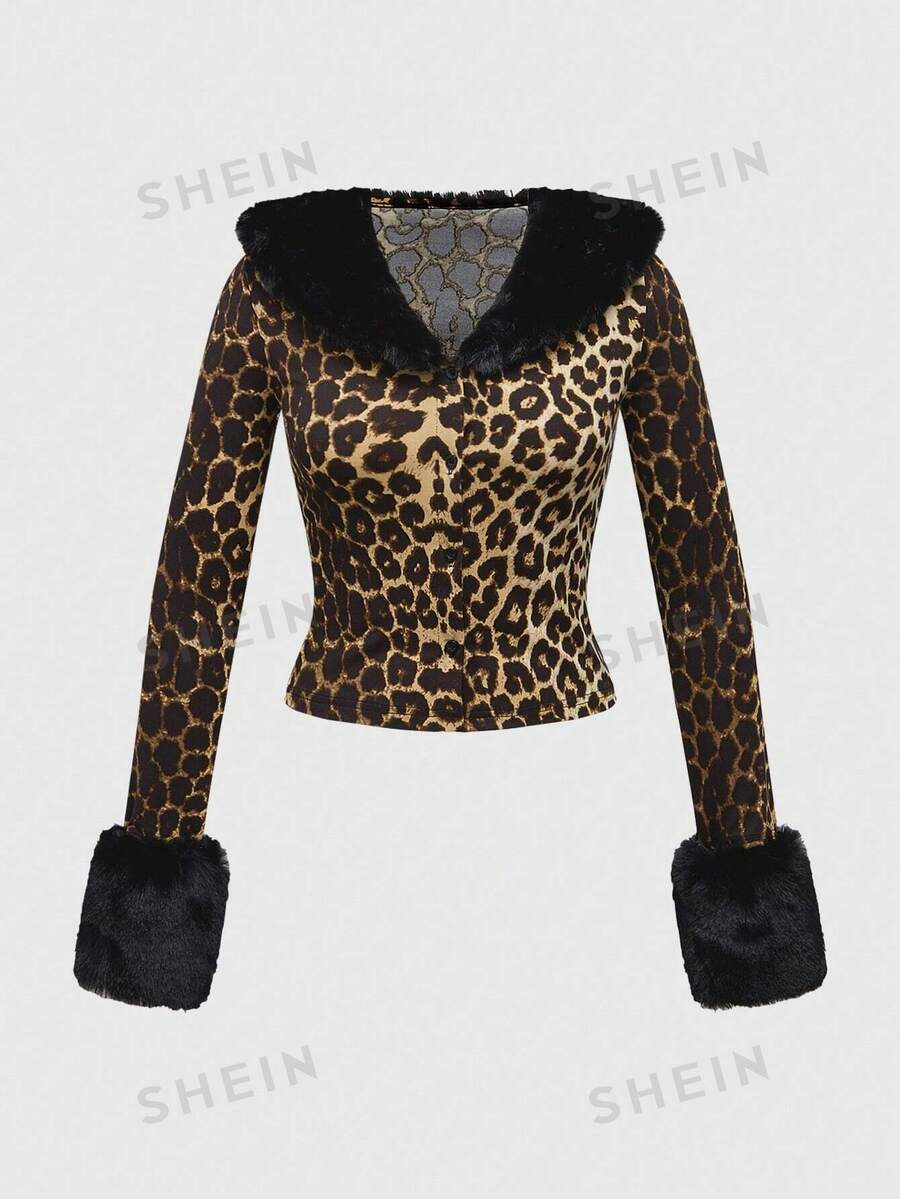 ROMWE Y2K Chic Leopard Print Faux Fur Collar Buttoned Women Shirt | SHEIN