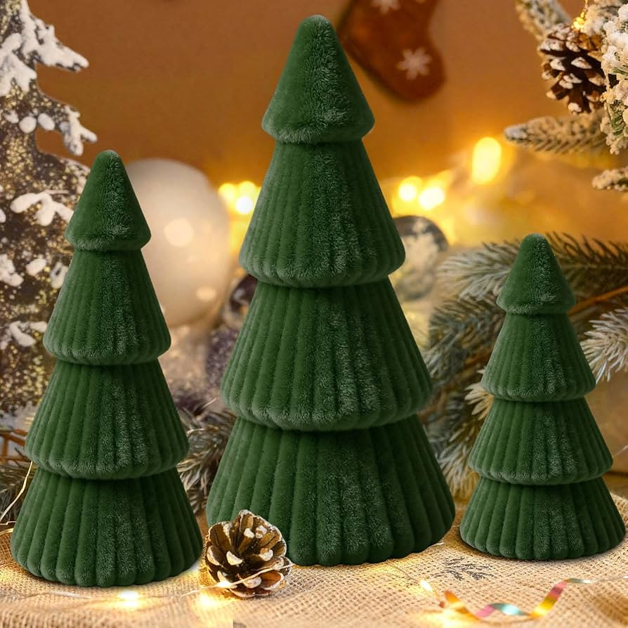 Christmas Table Decorations Indoor- 3 Pcs Flocked Velvet Christmas Trees with Lights, Modern Cone... | Amazon (US)