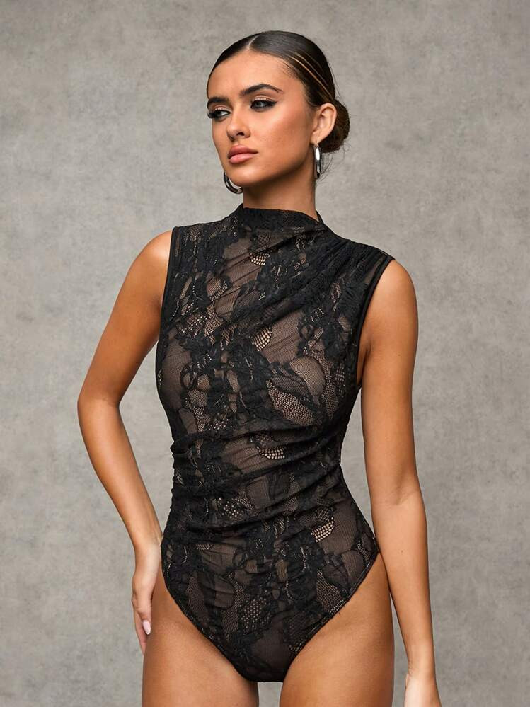 SHEIN BAE Black Lace Sleeveless Open Shoulder Ruched Bodysuits, Autumn | SHEIN