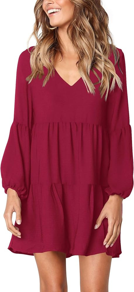 Amoretu Women Summer Tunic Dress V Neck Casual Loose Flowy Swing Shift Dress | Amazon (US)