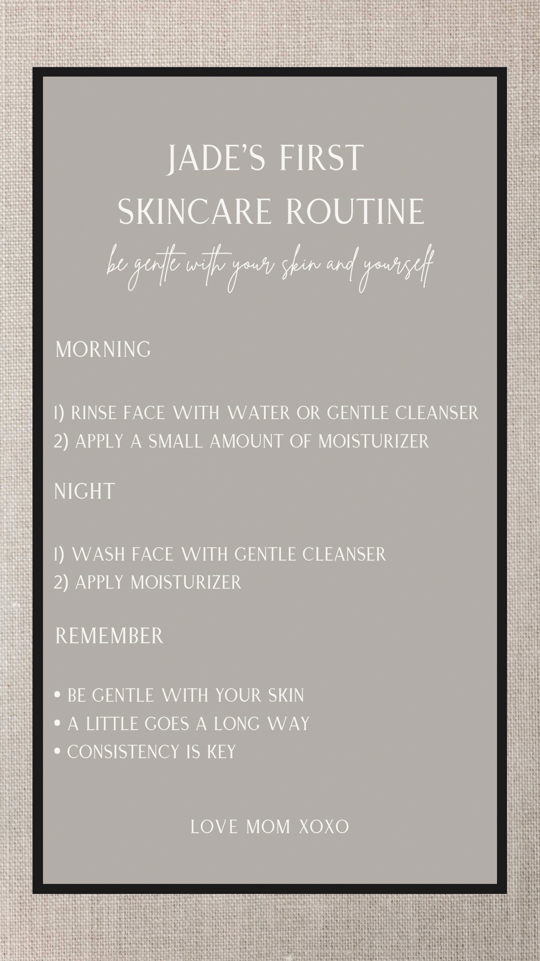Jade’s first little skincare routine 🖤 She’s eight now and entering that little tween stage, so I wanted to start teaching her some simple habits early and make skincare feel like something easy and fun to keep up with.

Consistency with skincare has always been such a struggle for me. I never really built the habit when I was younger, and apparently teaching an old dog new tricks is harder than it looks 😅 So I’m hoping this is something we can learn and grow into together.

I kept her routine really simple with a gentle Cetaphil cleanser and Aveeno Kids face + body gel cream, both from Amazon, then made it feel a little more special with matte black glass dispensers, custom labels, a Canva routine print, and the cutest headband + wristband set.

A sweet little setup for her first routine, and hopefully the start of a habit we can both get better at together. Linking everything I used here.

#LTKcanada #LTKhome #LTKbeauty