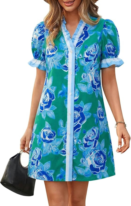 Wenrine Womens Summer Mini Dresses Casual Floral Puff Short Sleeve V Neck Button Down Ruffle Beac... | Amazon (US)