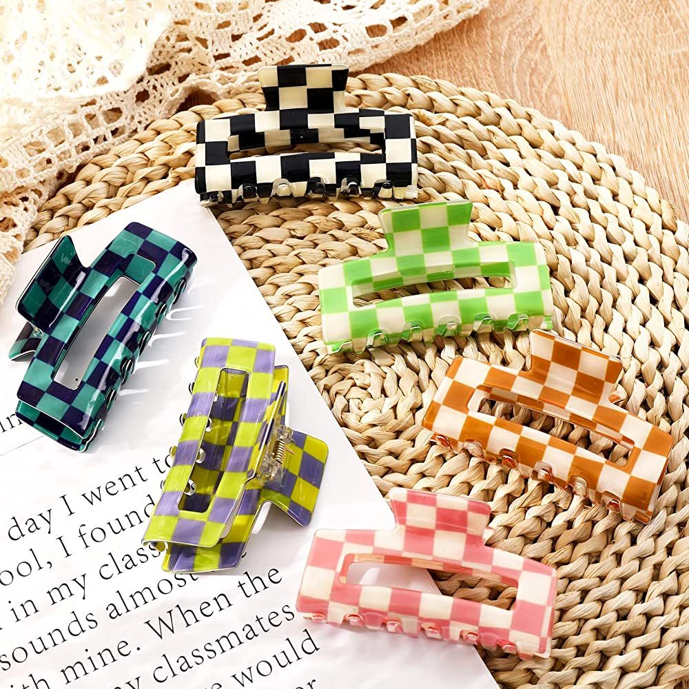 Whaline 6 Pack Checkered Hair Claw Clips Strong Hold Rectangle Hair Claw Multicolored Plaid Non-S... | Amazon (US)
