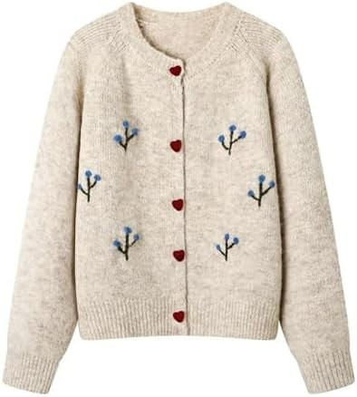 FindThy Women’s Floral Embroidery Cardigan Sweater Cute Heart Button Crewneck Long Sleeve Knitt... | Amazon (US)